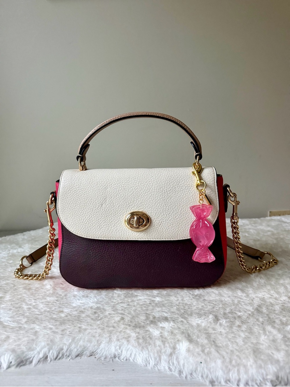 Coach Marlie Top Handle Satchel bag in pink brown with matching charm